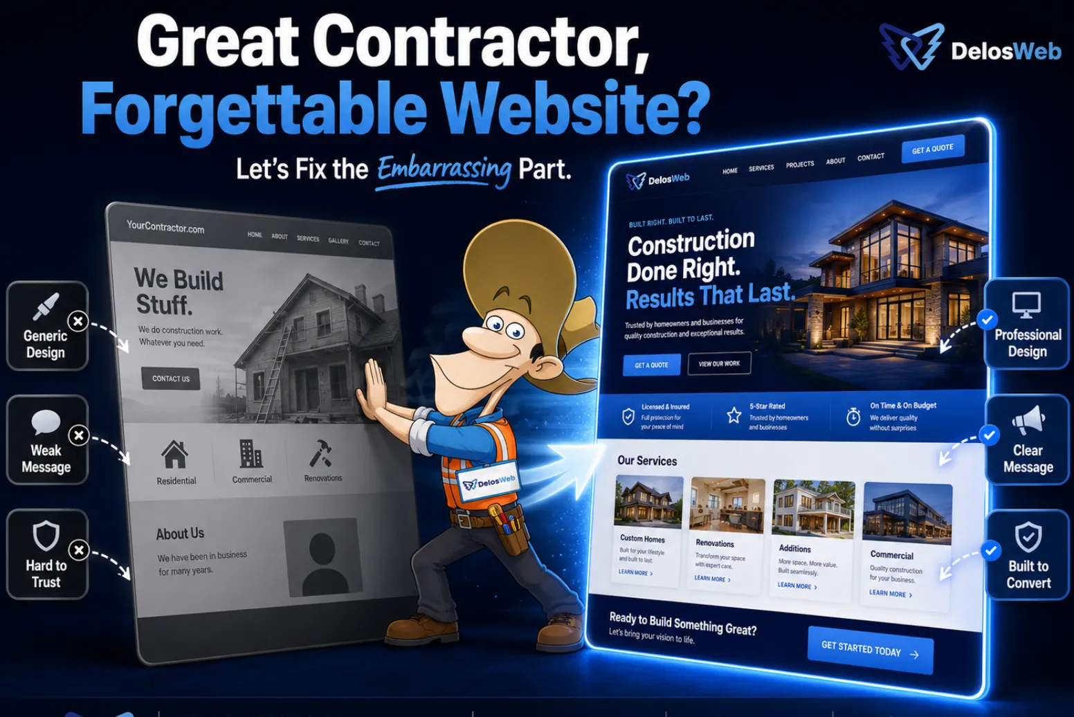 DelosWeb blog graphic showing a forgettable contractor website transformed into a professional custom website with clear messaging and lead-focused design