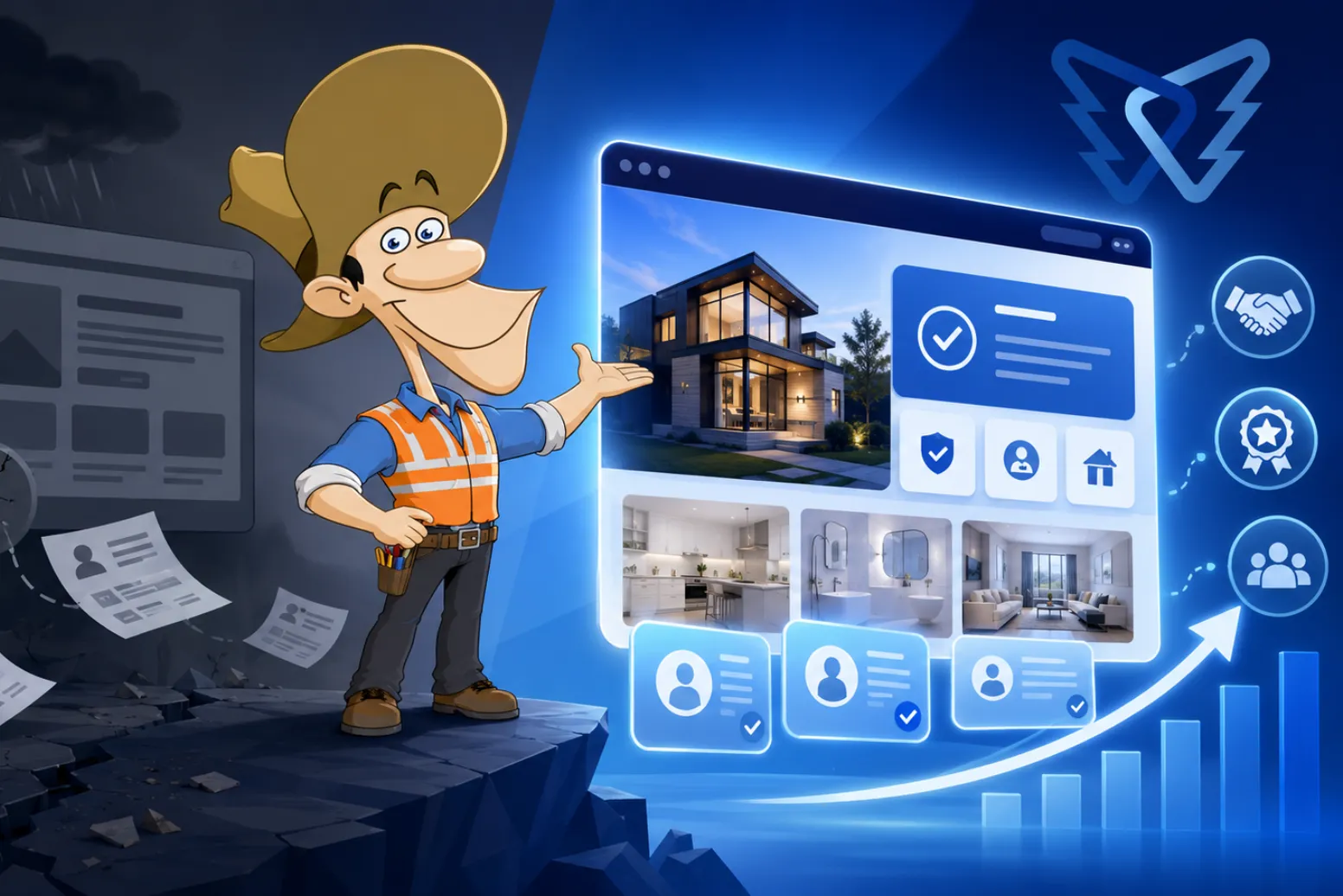 DelosWeb graphic showing custom website design for contractors with a professional responsive website, trust elements, and lead generation features