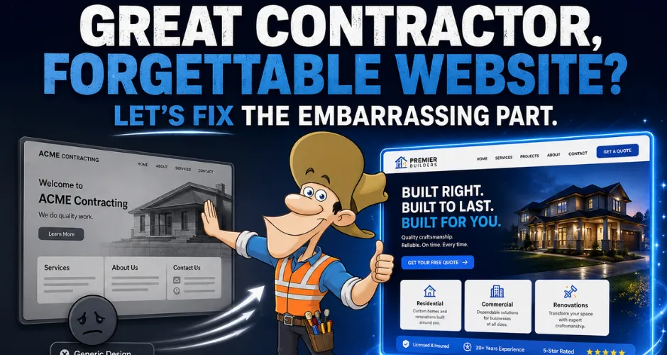 Contractor website redesign graphic showing a generic construction website upgraded into a modern professional lead generation website