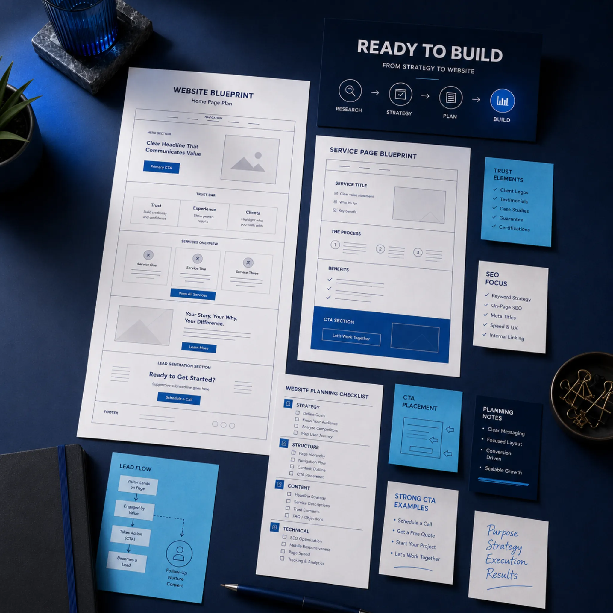 Professional website planning and design workspace showing website strategy, service layout, and lead-focused page structure