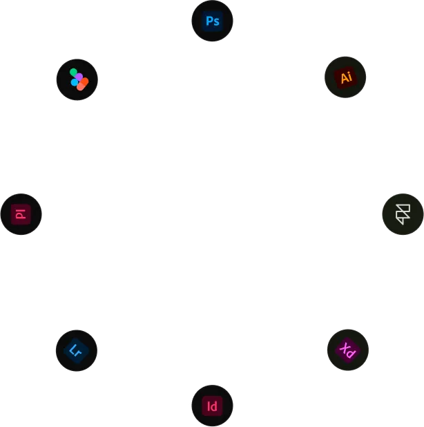 Animated ring showing the web platforms we use including Adobe, Figma, and Photoshop