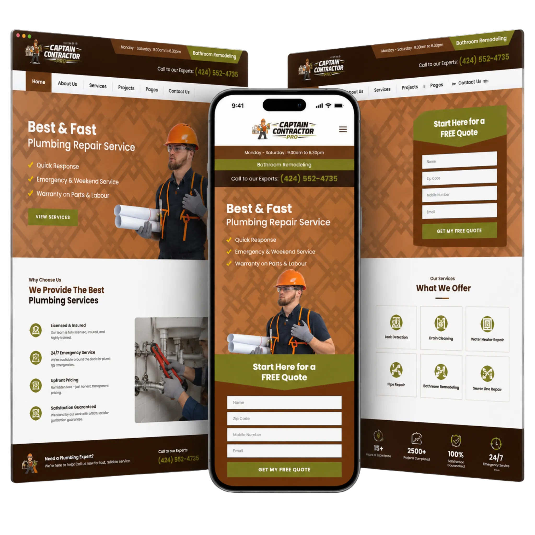 Captain Contractor Pro website mockup with responsive plumbing and contractor service pages