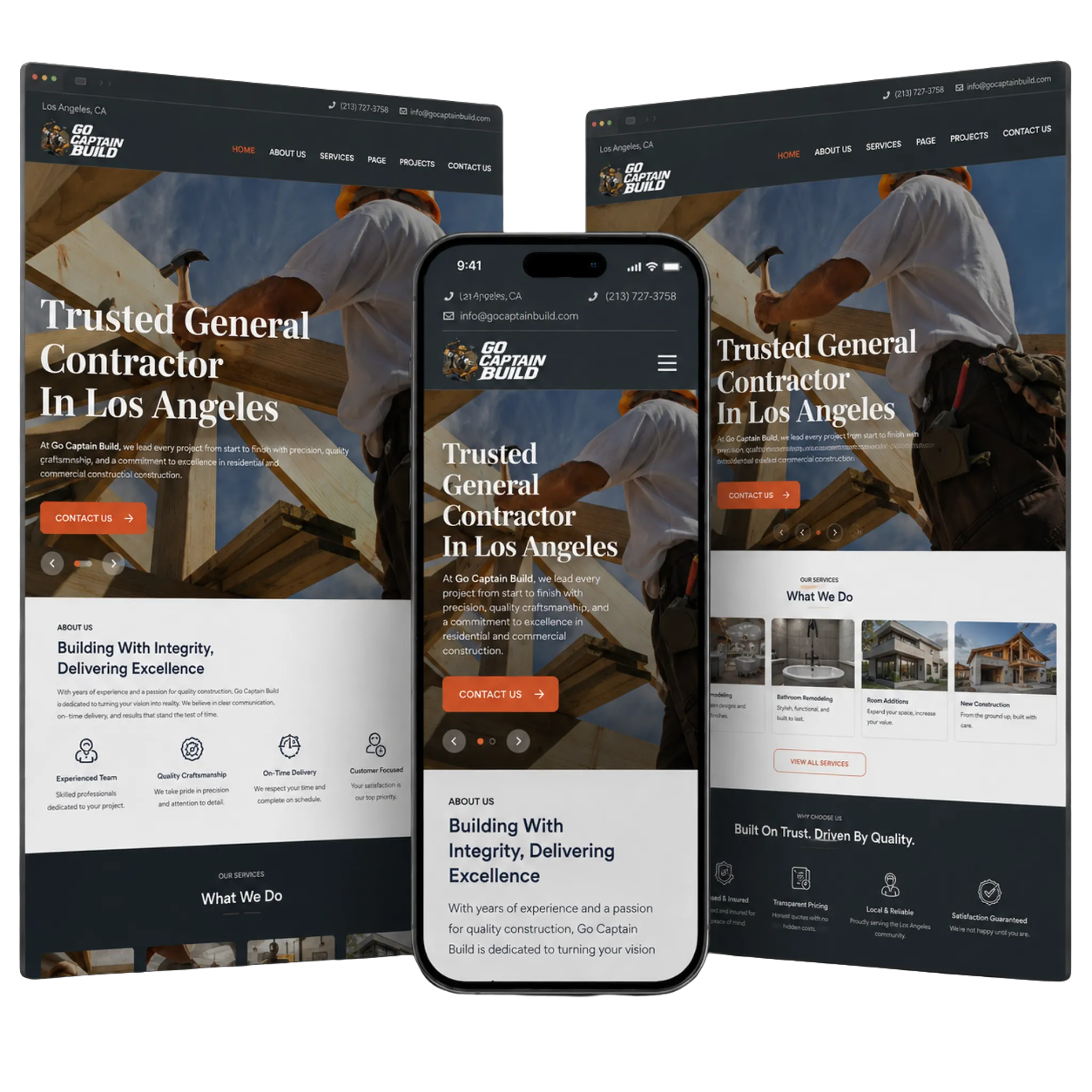Go Captain Build website mockup showing a general contractor website with responsive layouts