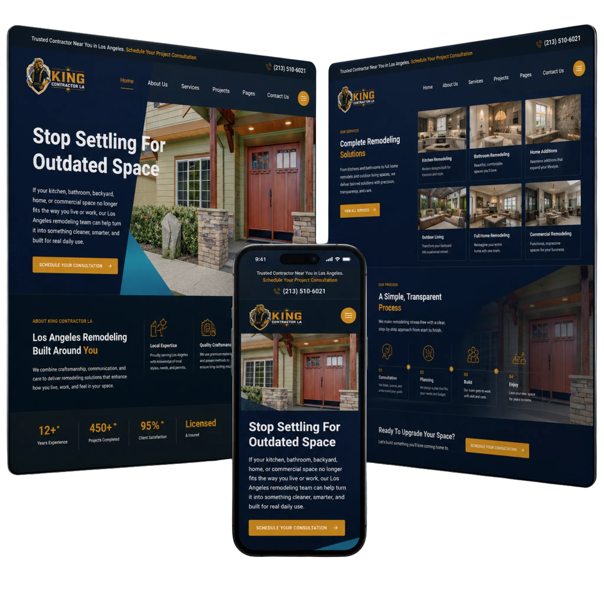 King Contractor LA website mockup with dark premium remodeling and contractor website design