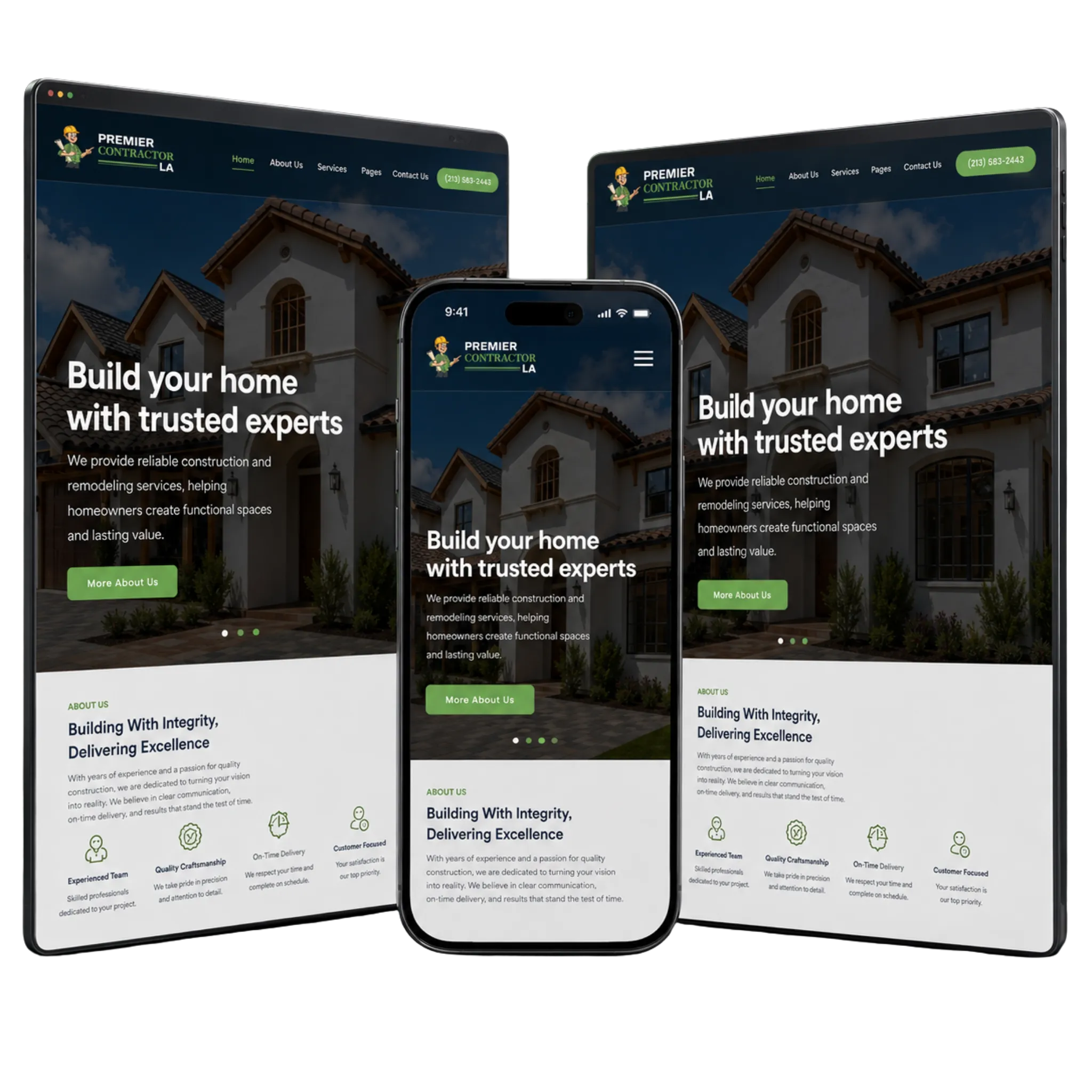 Contractor website design example showing service pages, project gallery, and a quote request form on desktop and mobile