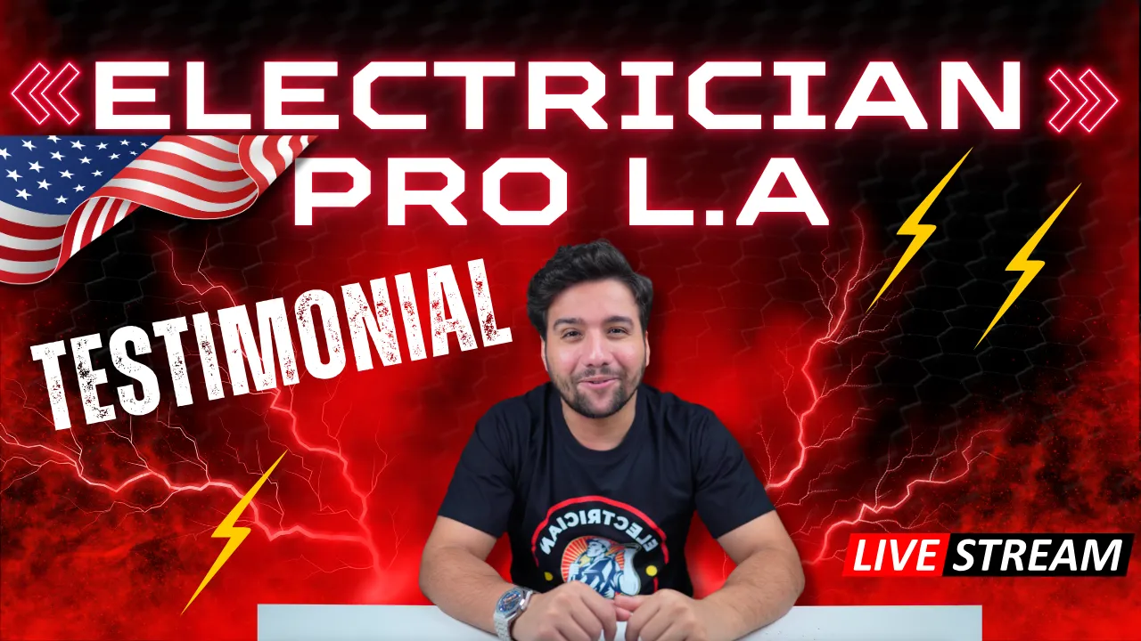 Electrician Pro LA testimonial video thumbnail with contractor on red background