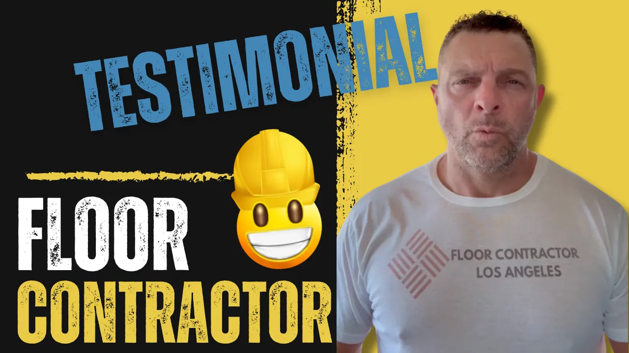 Floor Contractor LA testimonial video thumbnail showing contractor in branded t-shirt
