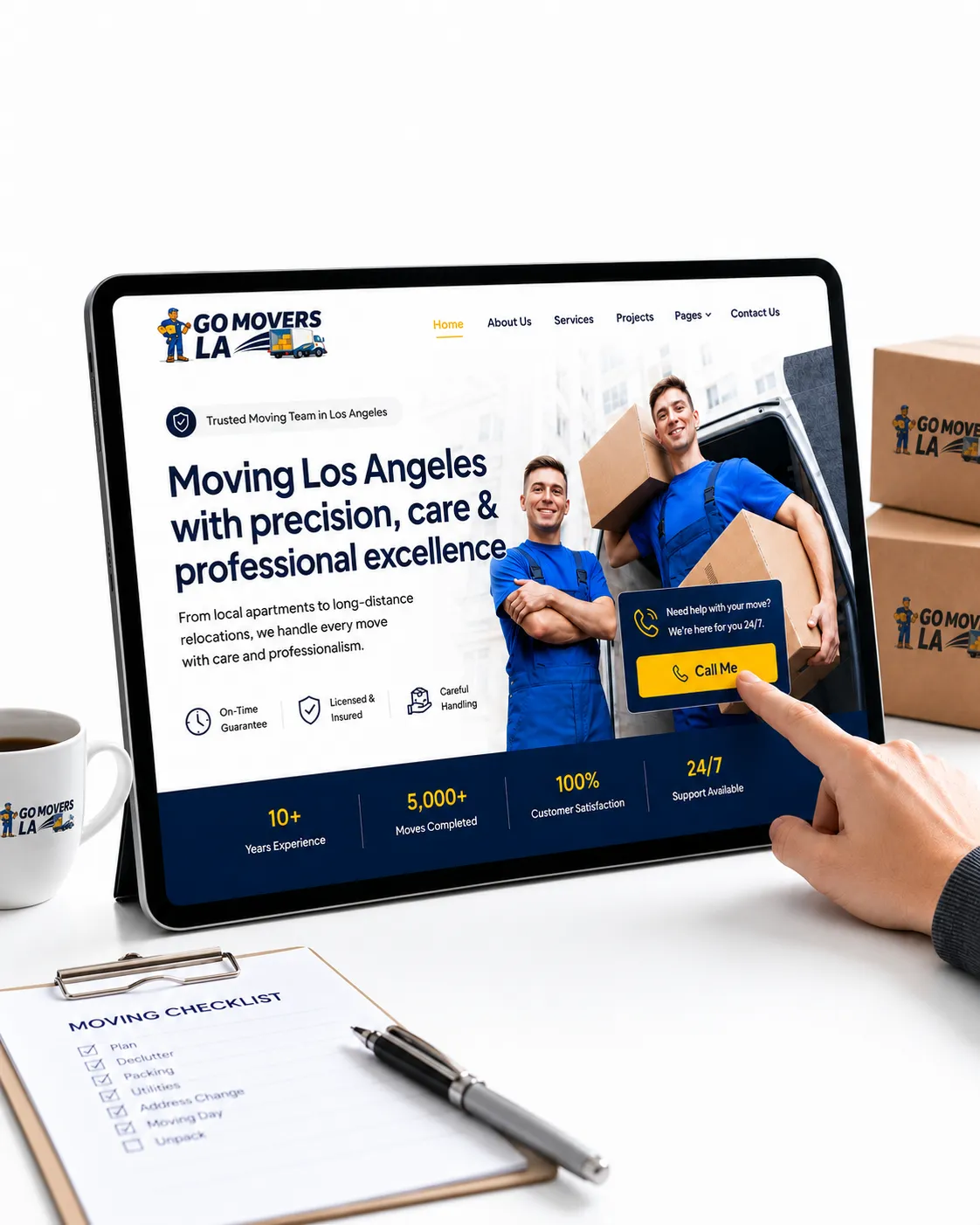 Home service website design example showing mobile booking, call-now button, pricing, and a quote form