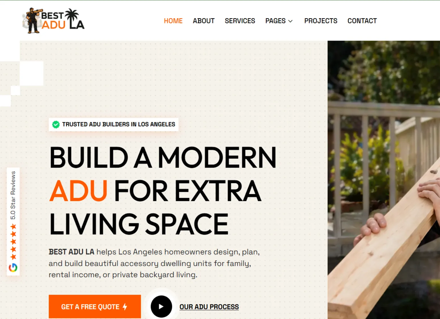 Ready-to-go ADU builder website design for Los Angeles homeowners featuring modern accessory dwelling unit services and lead generation layout