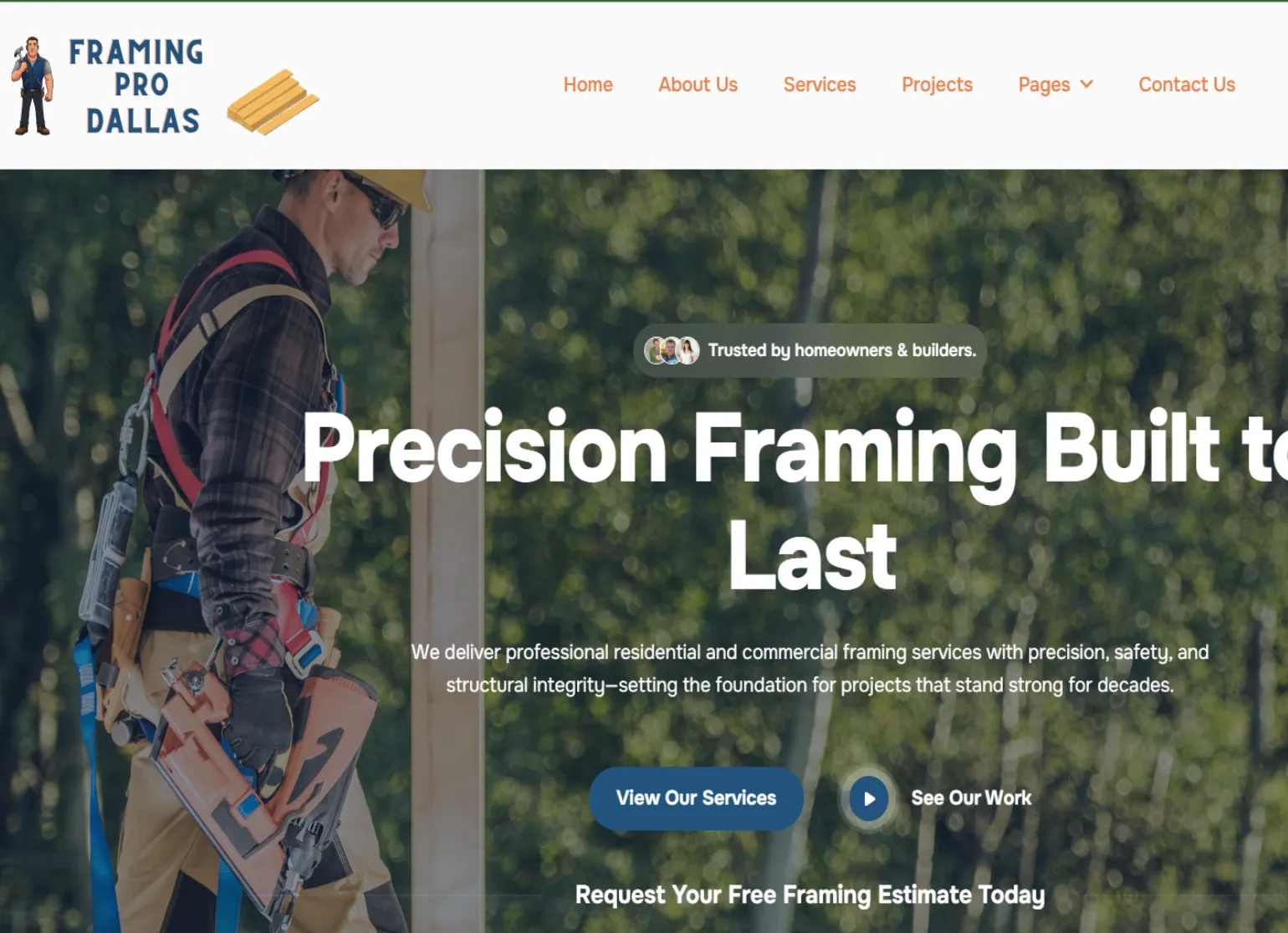 Ready-to-go framing contractor website design for Framing Pro Dallas with hero section, navigation menu, and construction service branding