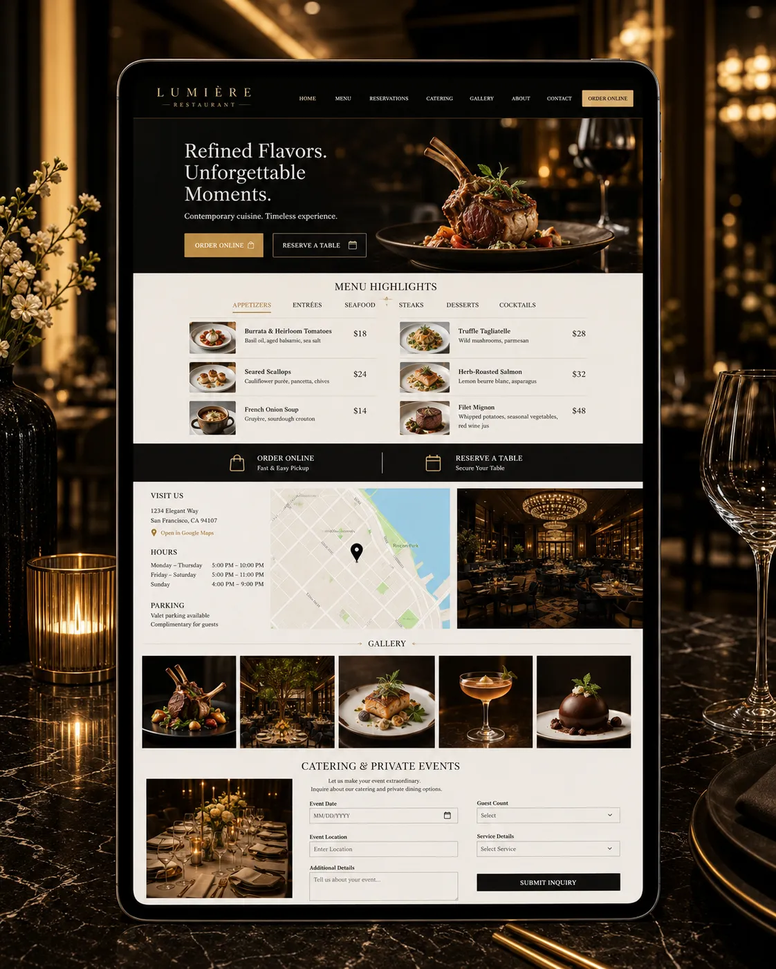 Local restaurant website menu and ordering interface