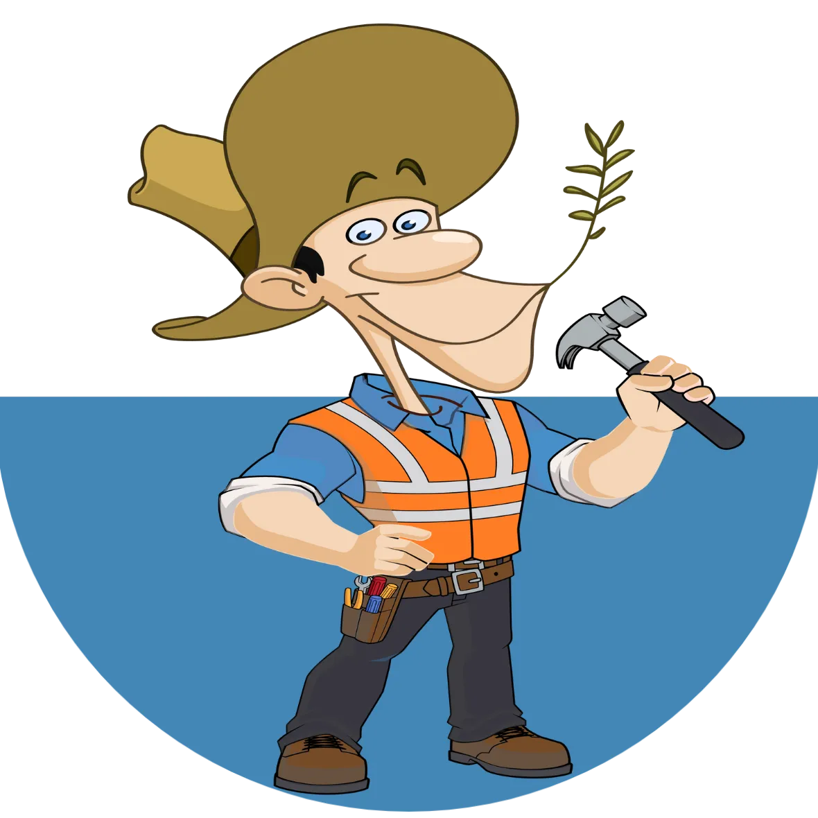 DelosWeb cartoon contractor mascot holding a hammer, standing confidently with a smile and safety vest