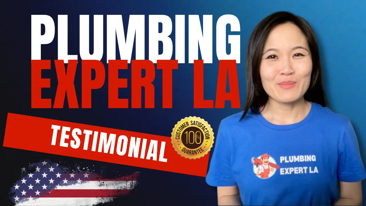 Plumbing Expert LA testimonial video thumbnail with smiling female contractor