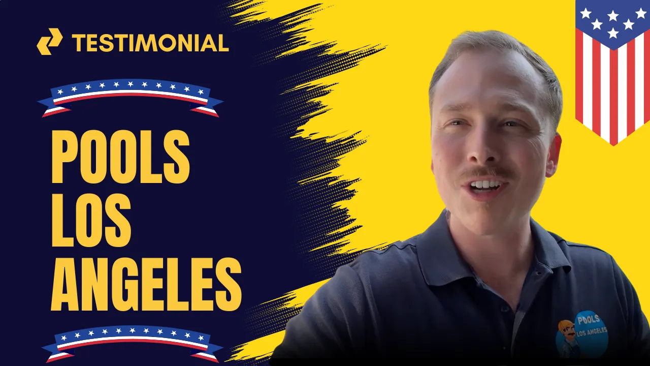 Pools Los Angeles testimonial video thumbnail with contractor on yellow background