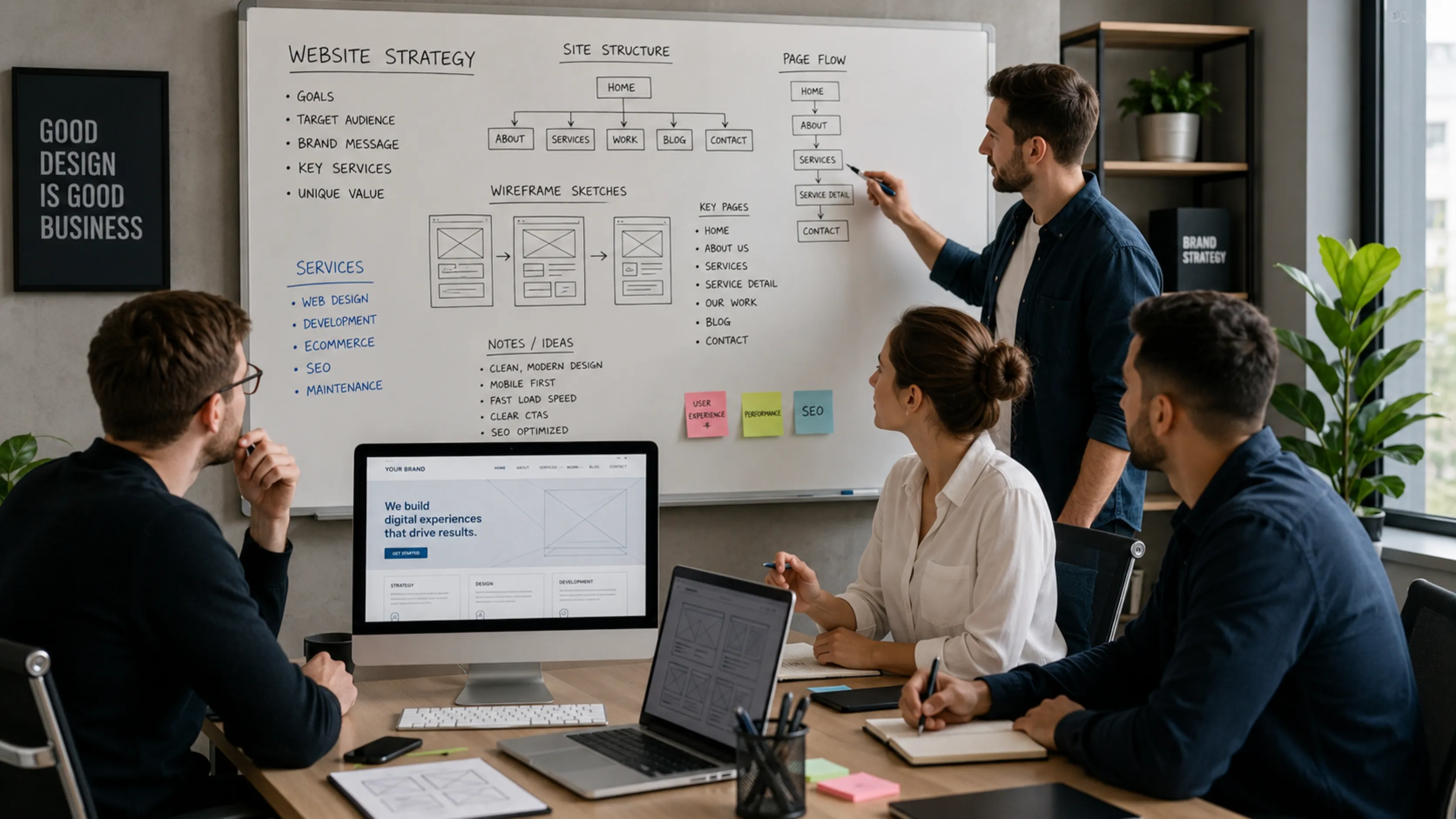 DelosWeb website process overview showing website strategy, wireframes, planning, and process direction