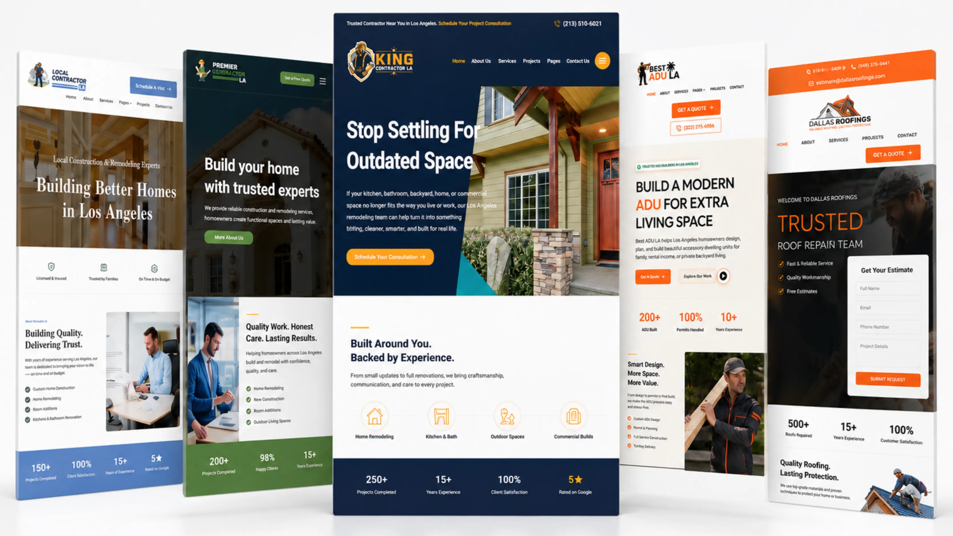 Ready-to-Go contractor website mockup gallery showing multiple construction and home service website designs in a symmetrical white background presentation