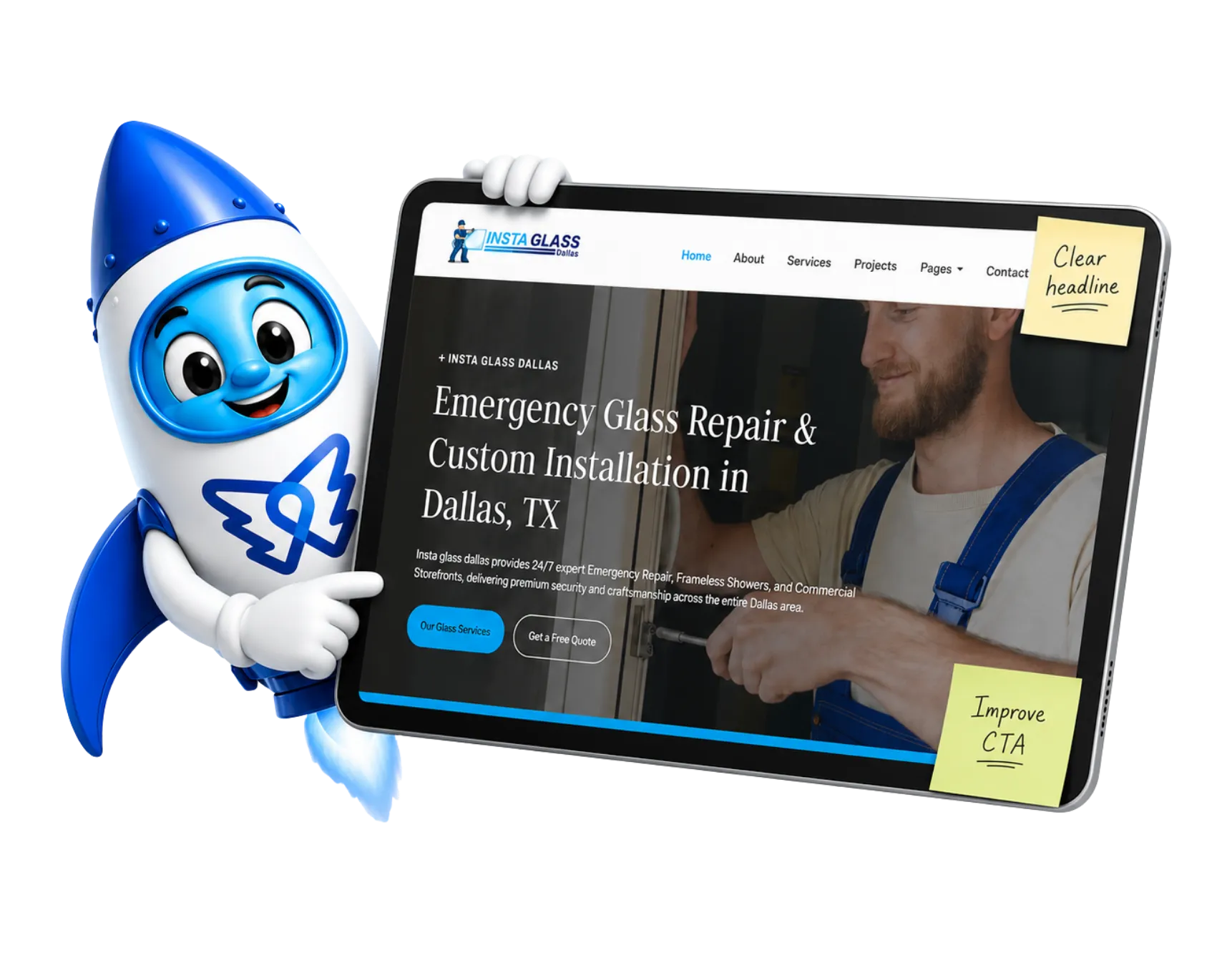 DelosWeb rocket mascot holding a tablet with a custom business website review