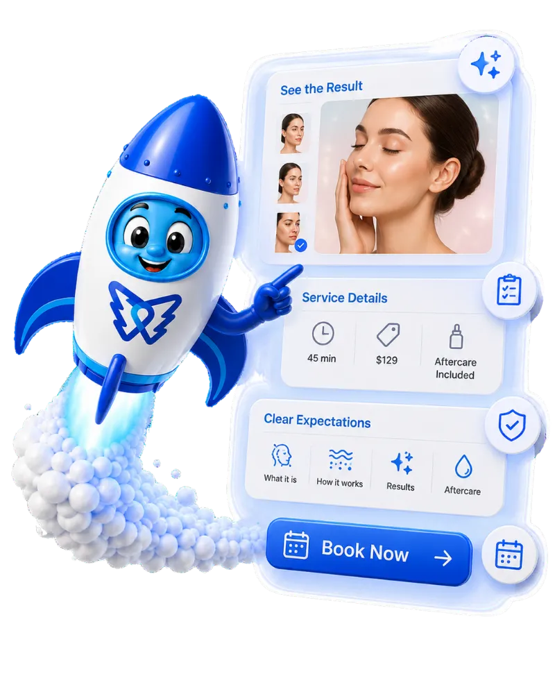 DelosWeb rocket mascot flying beside beauty website experience section