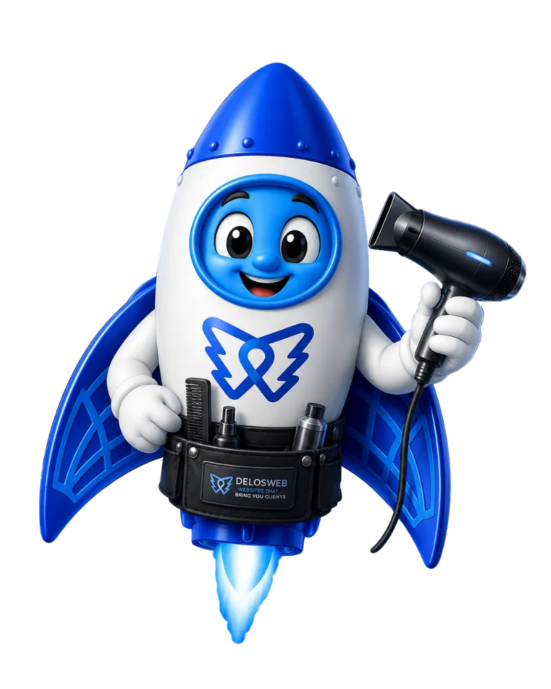 DelosWeb rocket mascot flying beside beauty business website cards