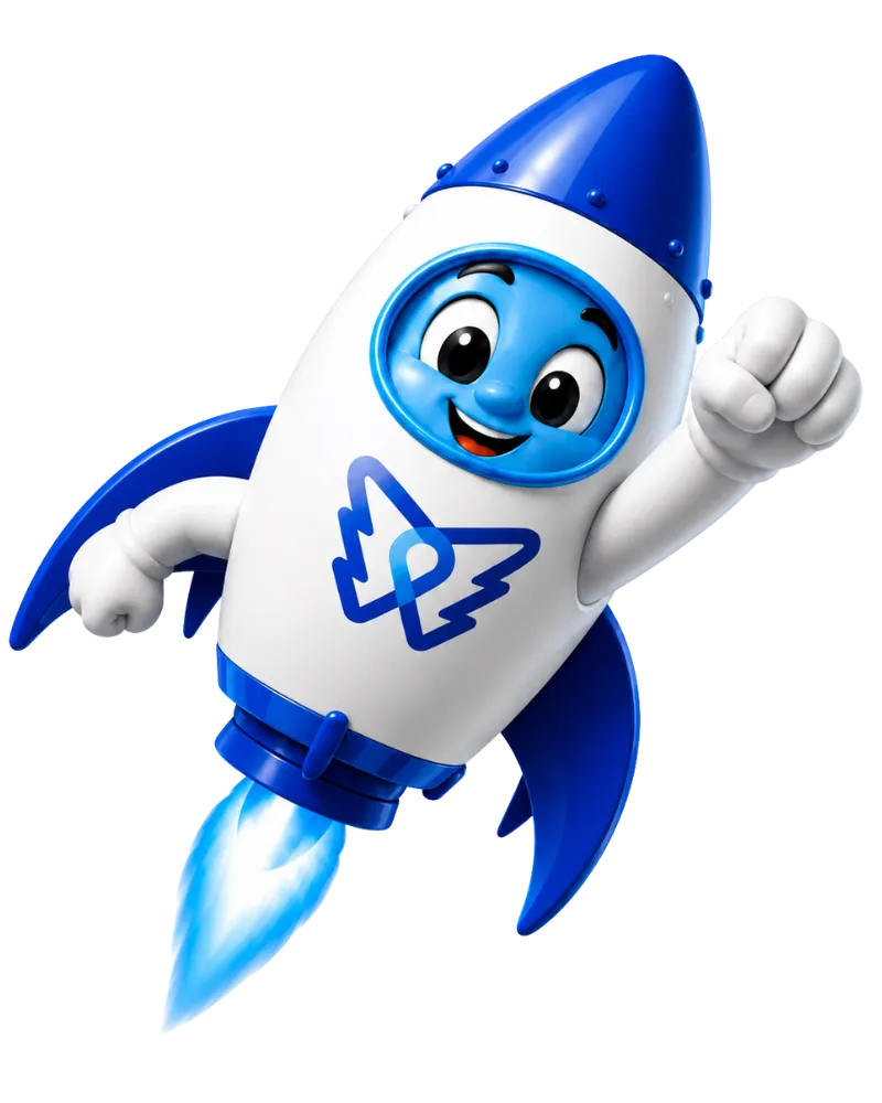 DelosWeb rocket mascot launching beside a home service website preview