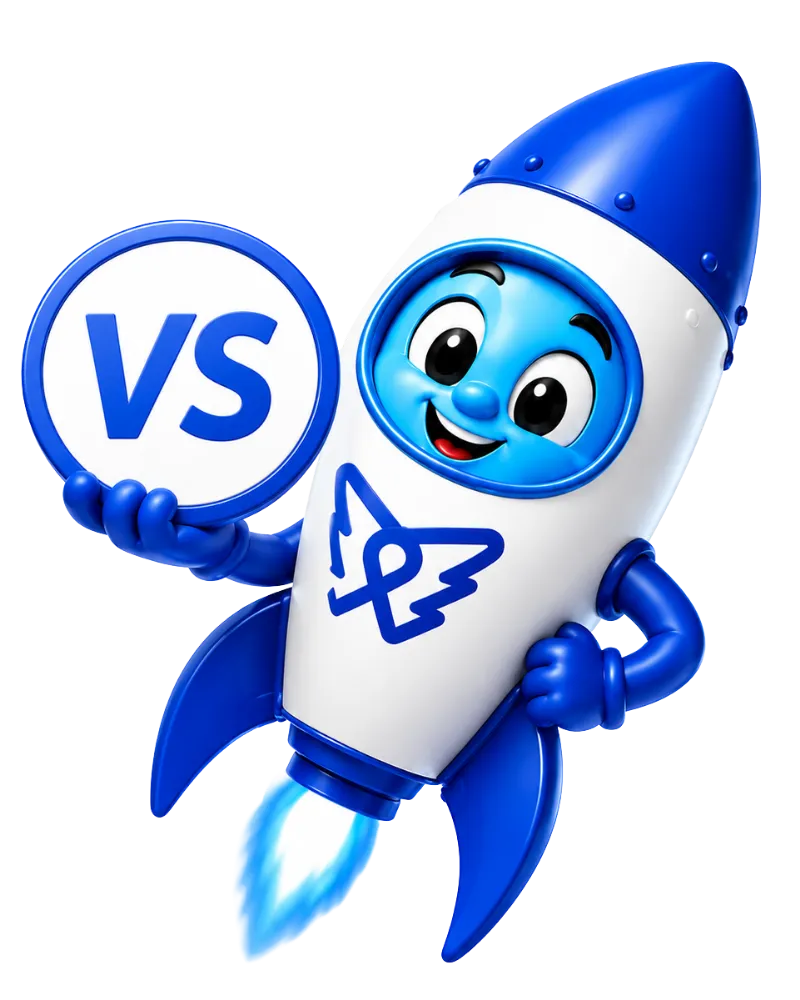 DelosWeb rocket mascot helping compare Ready-to-Go and Custom websites