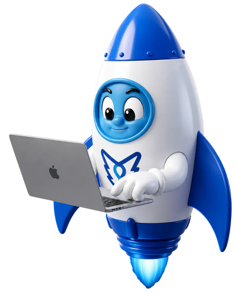 DelosWeb rocket mascot flying above website option cards