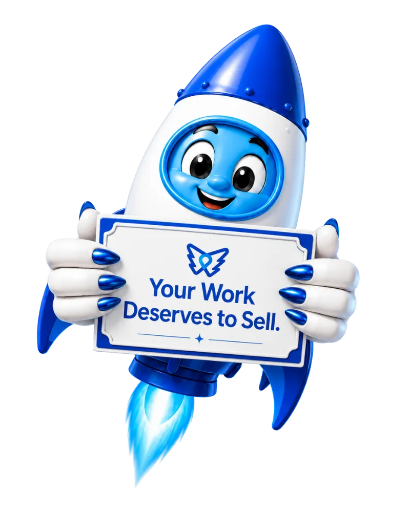 DelosWeb rocket mascot flying through a blue beauty website design section