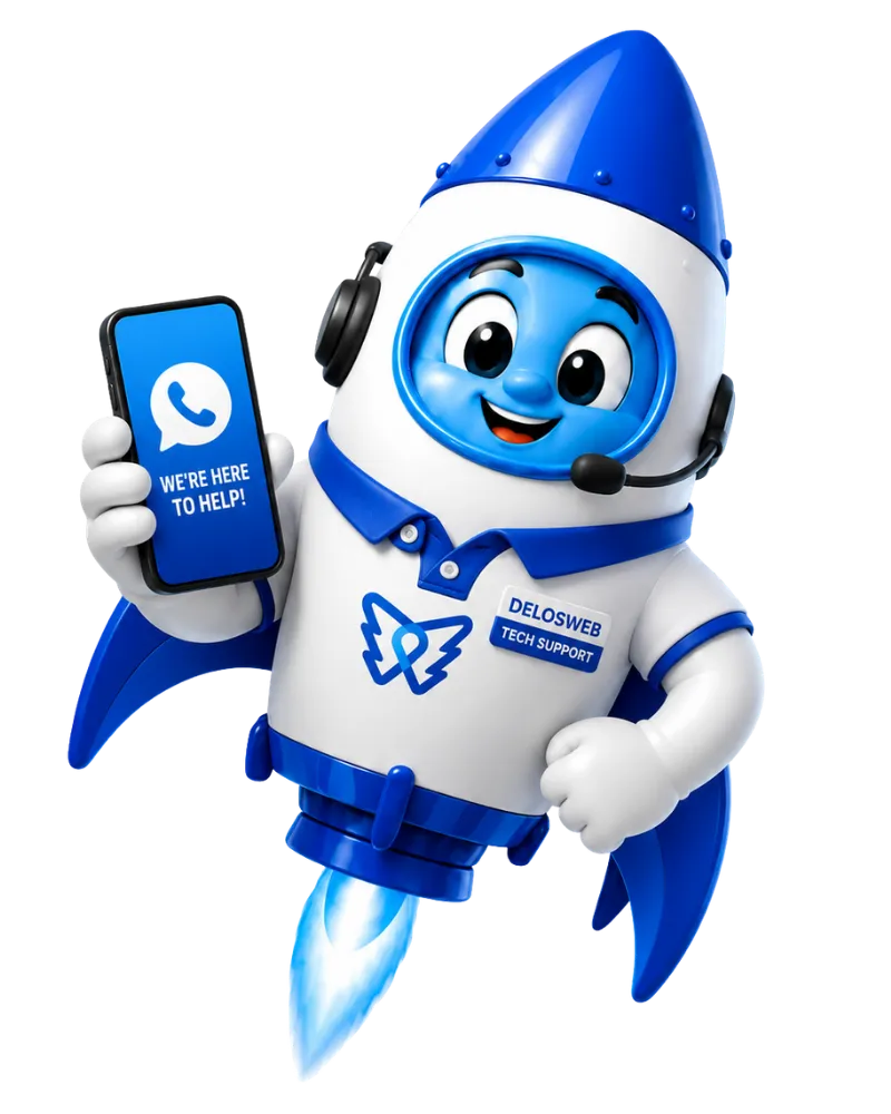 DelosWeb rocket mascot ready to help with Ready-to-Go website questions