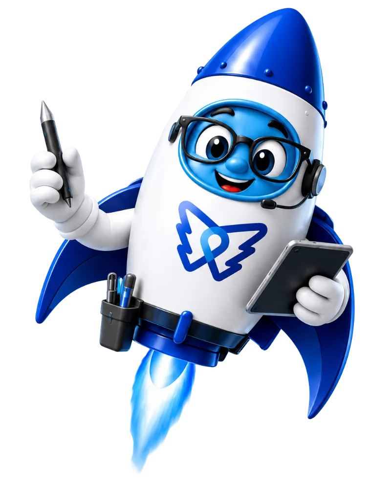 DelosWeb rocket mascot working as a website editor with a tablet and stylus