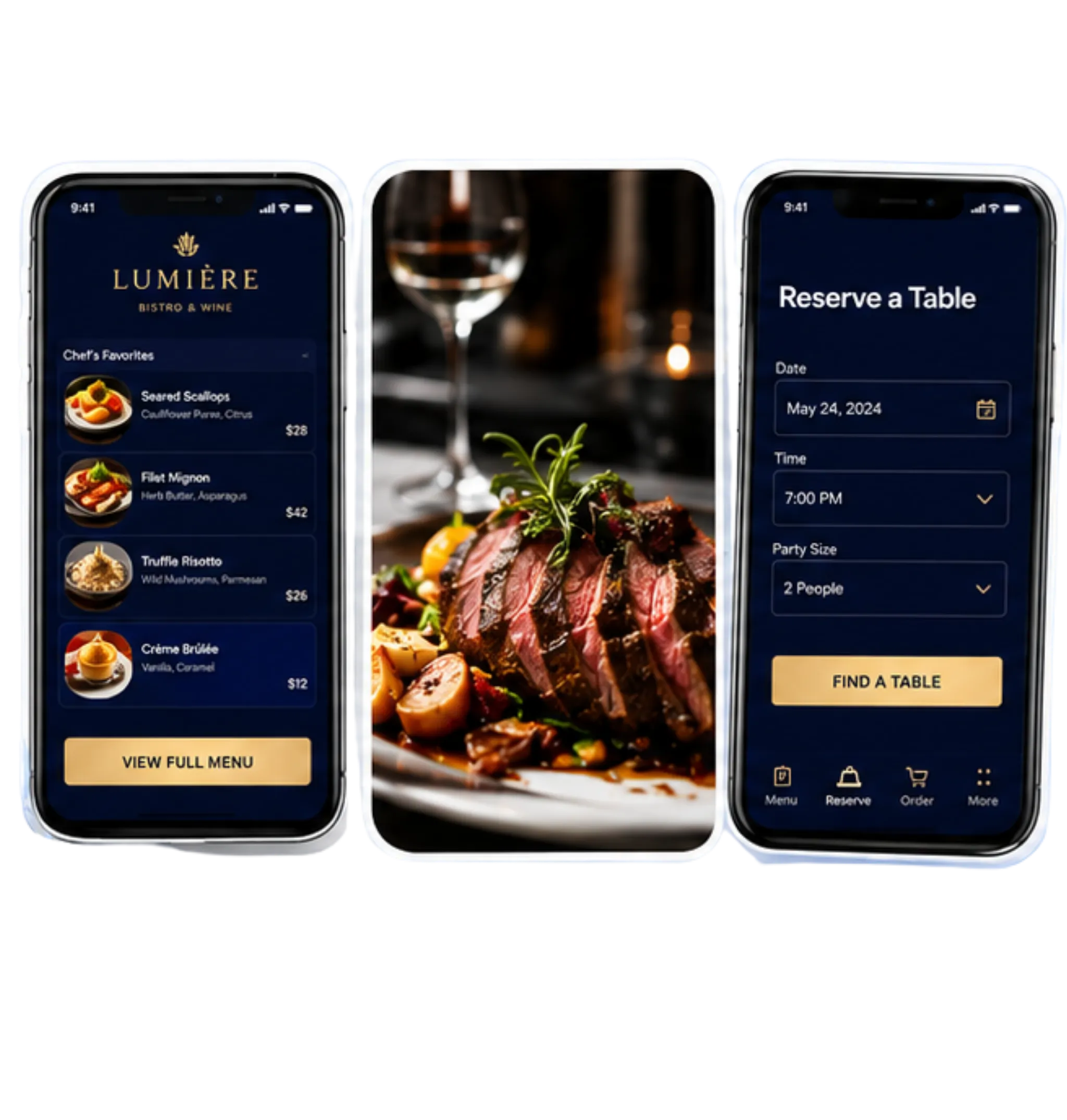 Mobile restaurant website showing menu, ordering, and reservation actions