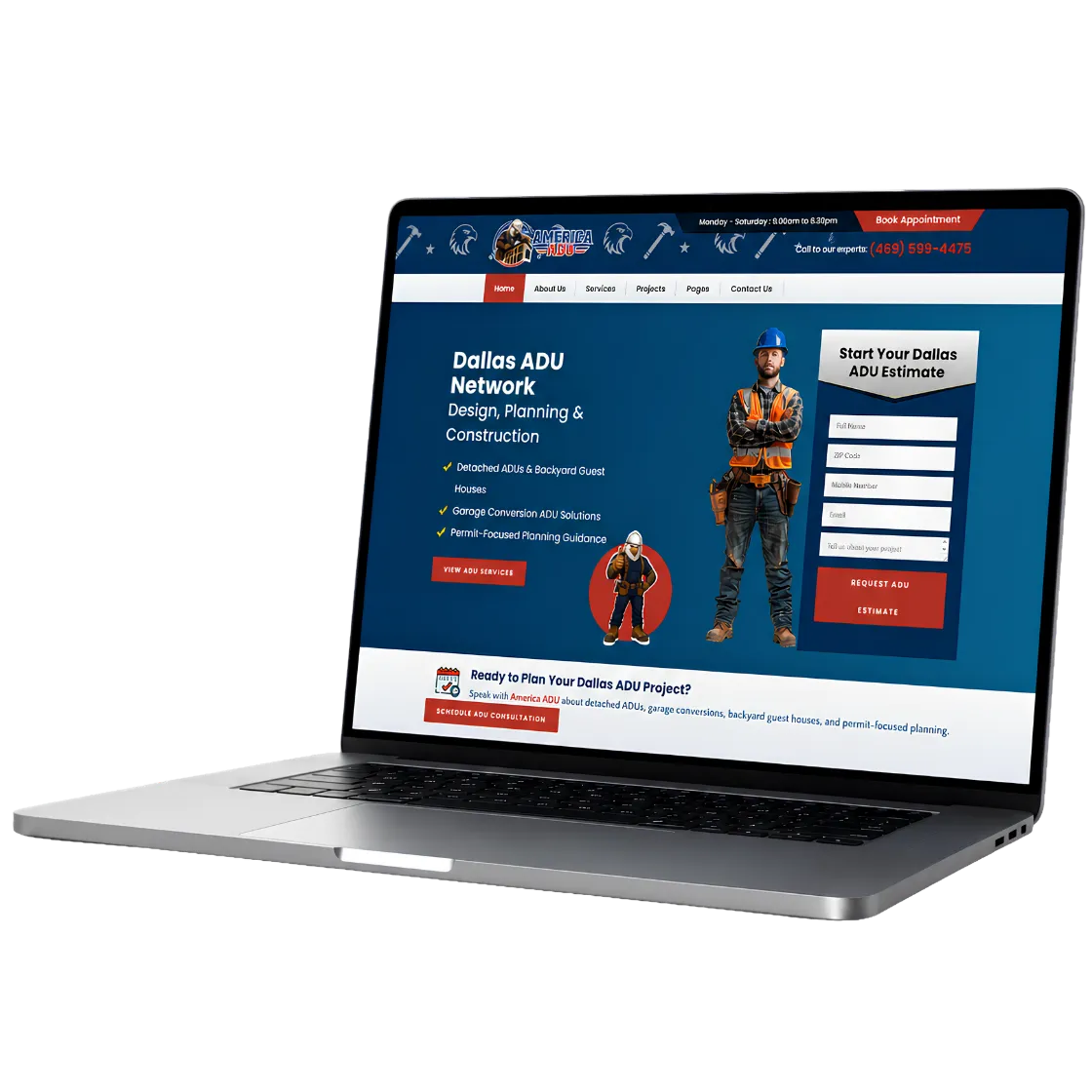 Laptop mockup showing a completed DelosWeb website built from a documented content and page plan