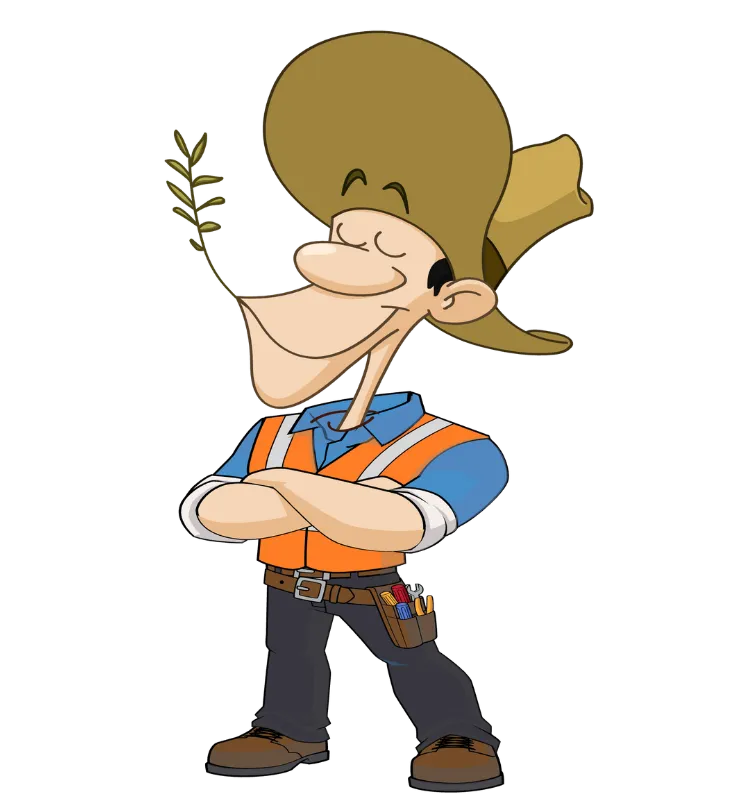DelosWeb cartoon mascot contractor with arms crossed, wearing safety vest and hat, looking confident